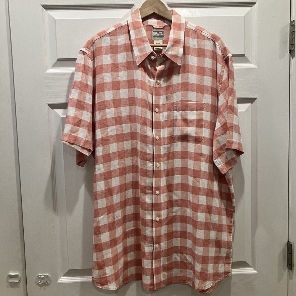 LL Bean Shirt Mens Tall XLT Linen Short Sleeve Slightly Fitted Salmon Pink Plaid - Picture 2 of 8